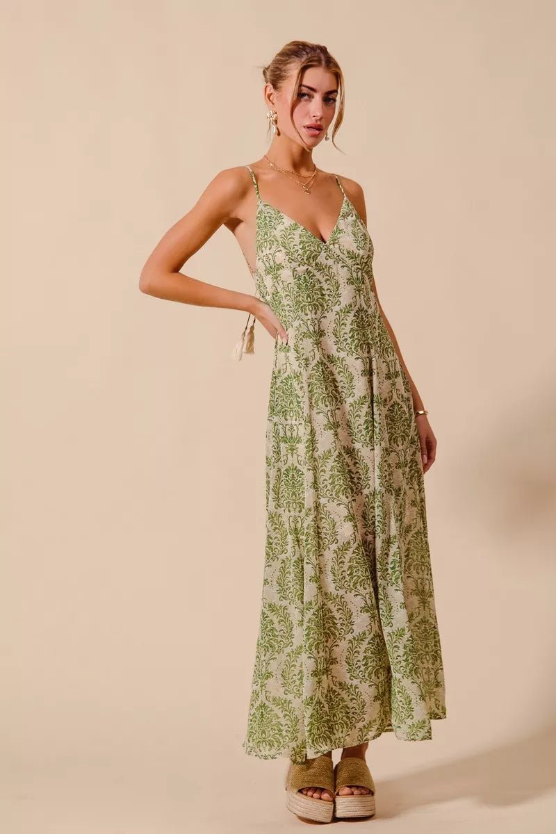 SO ME Damask Floral Summer Maxi Flowy Dress With Open Back - 