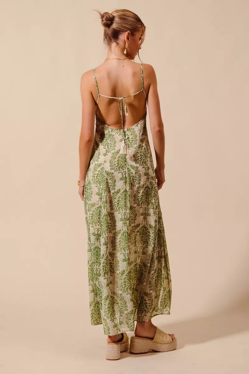 SO ME Damask Floral Summer Maxi Flowy Dress With Open Back - 