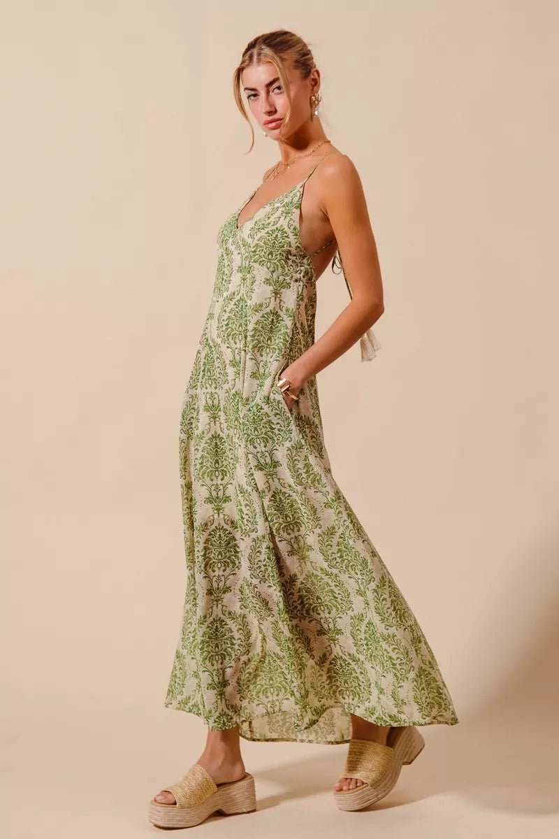 SO ME Damask Floral Summer Maxi Flowy Dress With Open Back - 