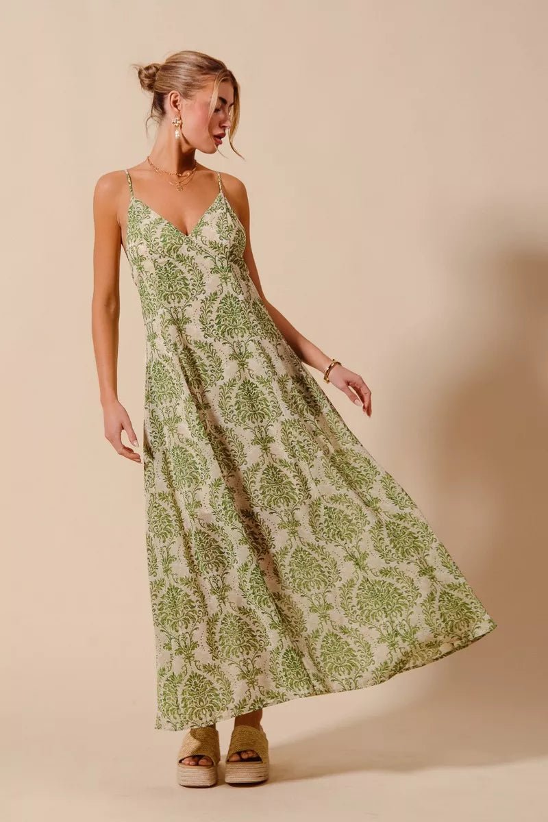SO ME Damask Floral Summer Maxi Flowy Dress With Open Back - 