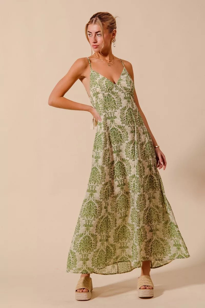 SO ME Damask Floral Summer Maxi Flowy Dress With Open Back - 