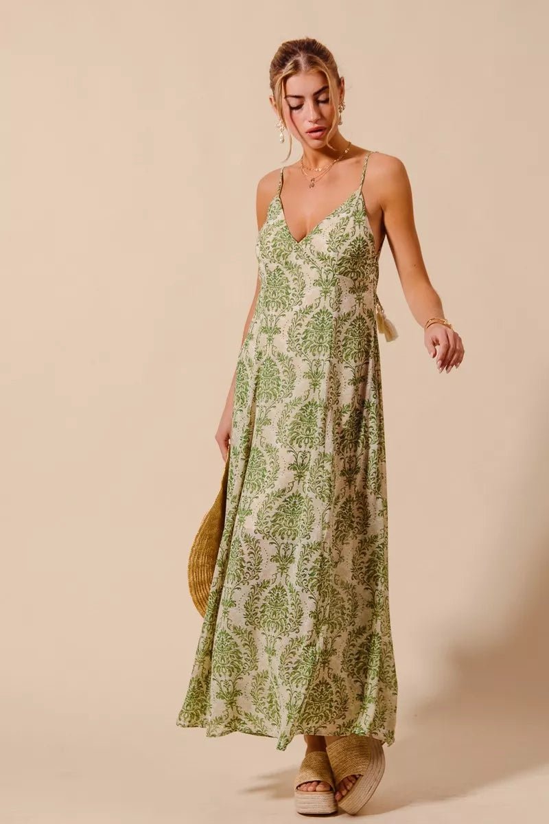 SO ME Damask Floral Summer Maxi Flowy Dress With Open Back - 