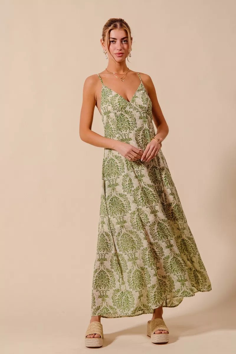 SO ME Damask Floral Summer Maxi Flowy Dress With Open Back - 