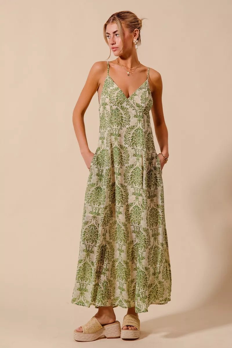 SO ME Damask Floral Summer Maxi Flowy Dress With Open Back - 