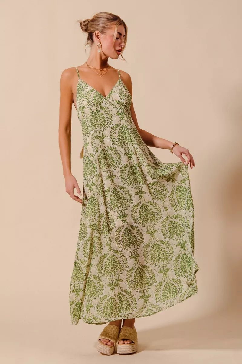 SO ME Damask Floral Summer Maxi Flowy Dress With Open Back - 