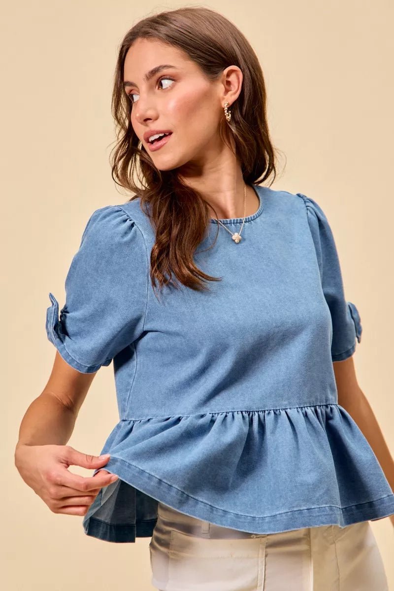 SO ME Denim Bow Detail Short Sleeves Peplum Top - 