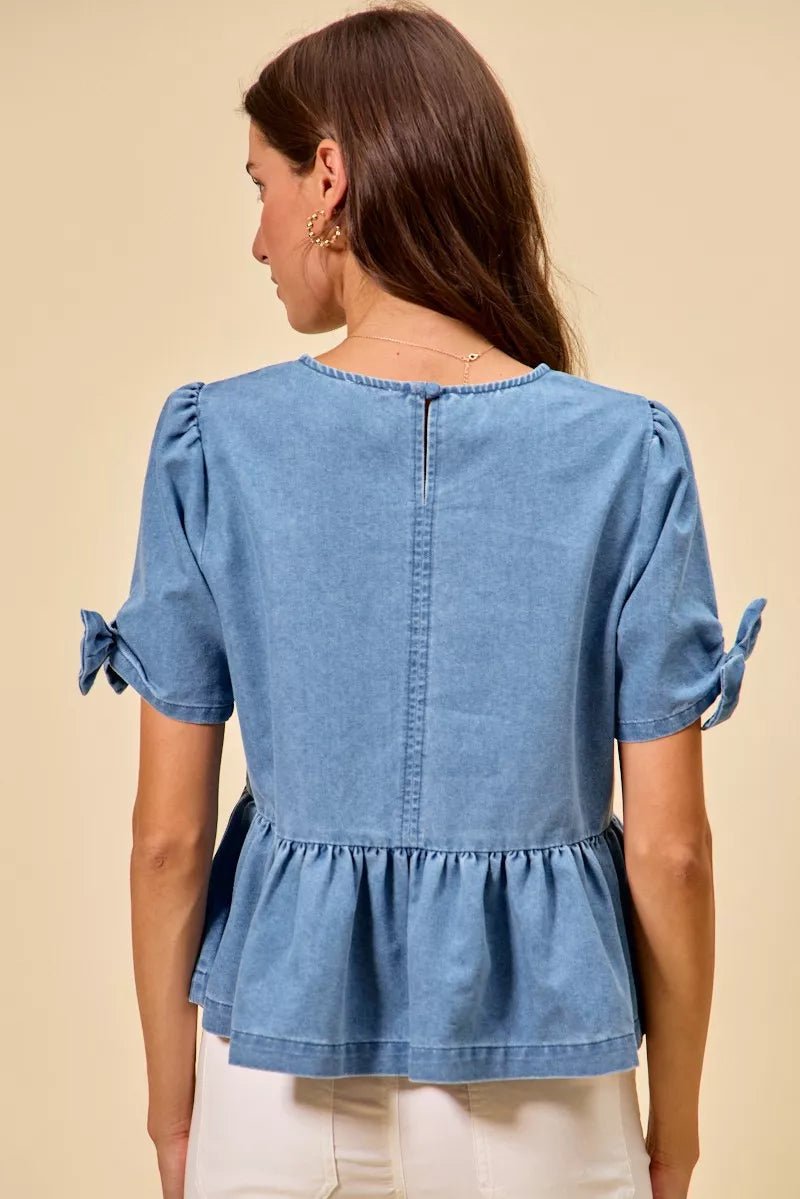 SO ME Denim Bow Detail Short Sleeves Peplum Top - 