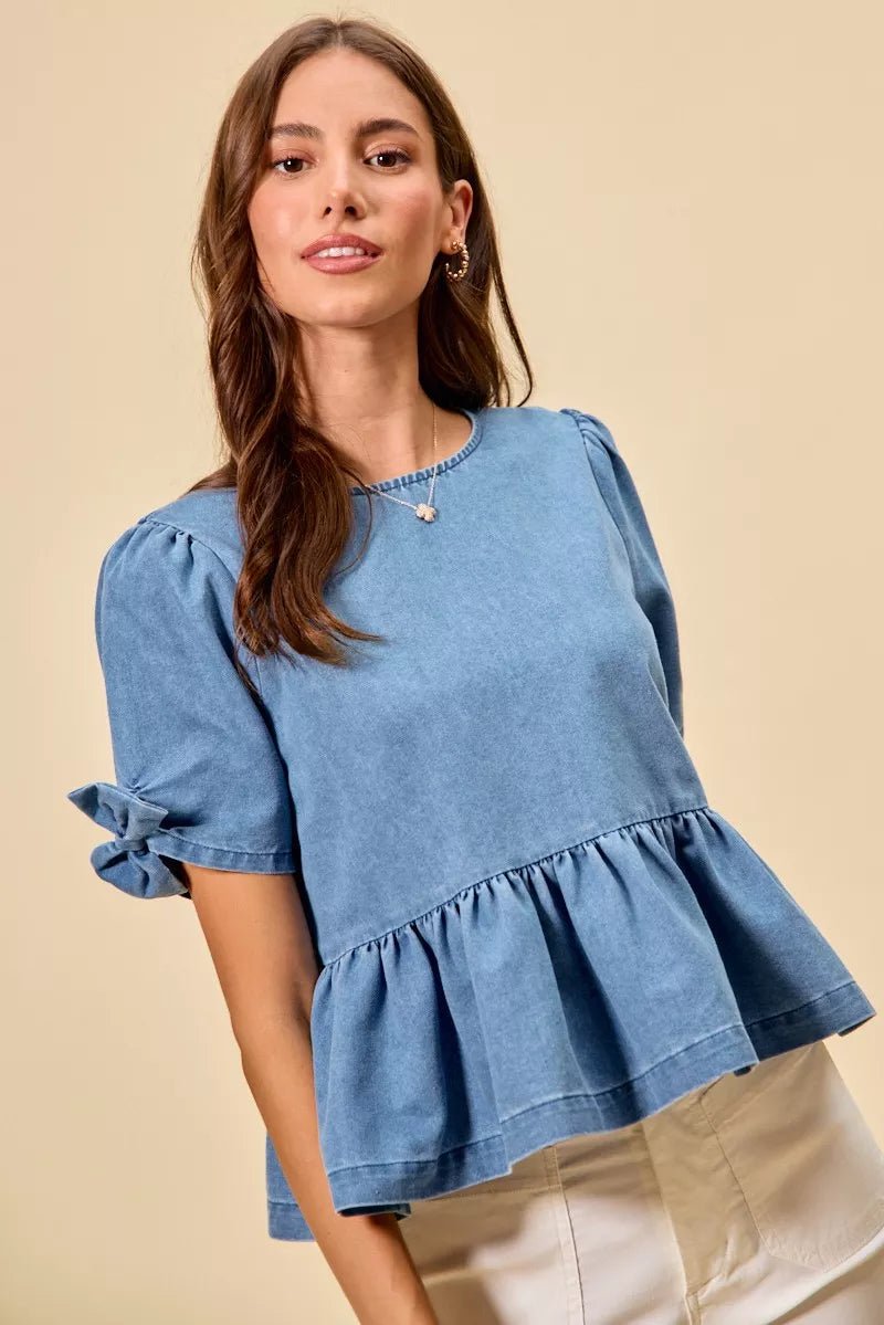 SO ME Denim Bow Detail Short Sleeves Peplum Top - 