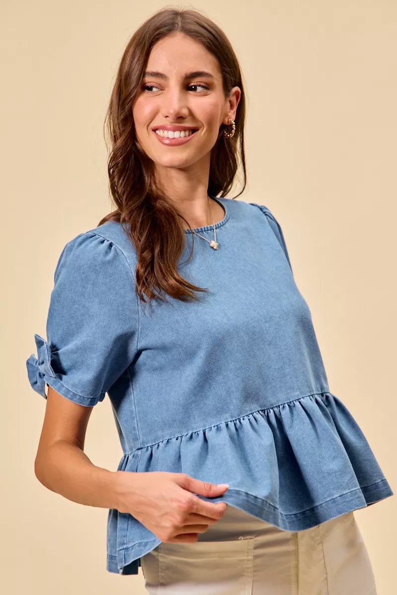 SO ME Denim Bow Detail Short Sleeves Peplum Top - 