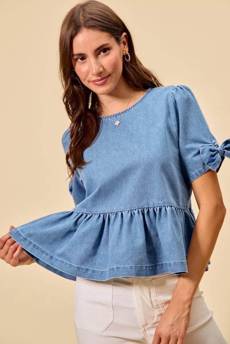 SO ME Denim Bow Detail Short Sleeves Peplum Top - 
