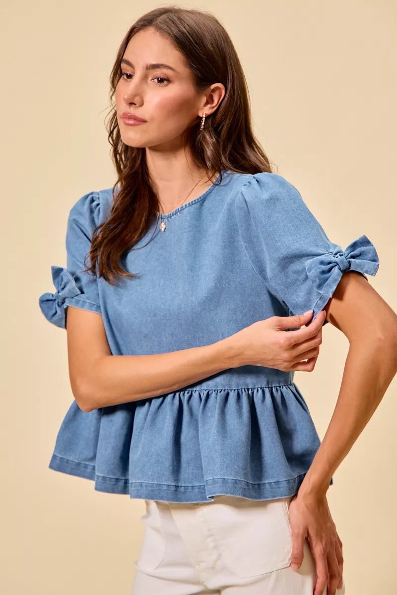 SO ME Denim Bow Detail Short Sleeves Peplum Top - 