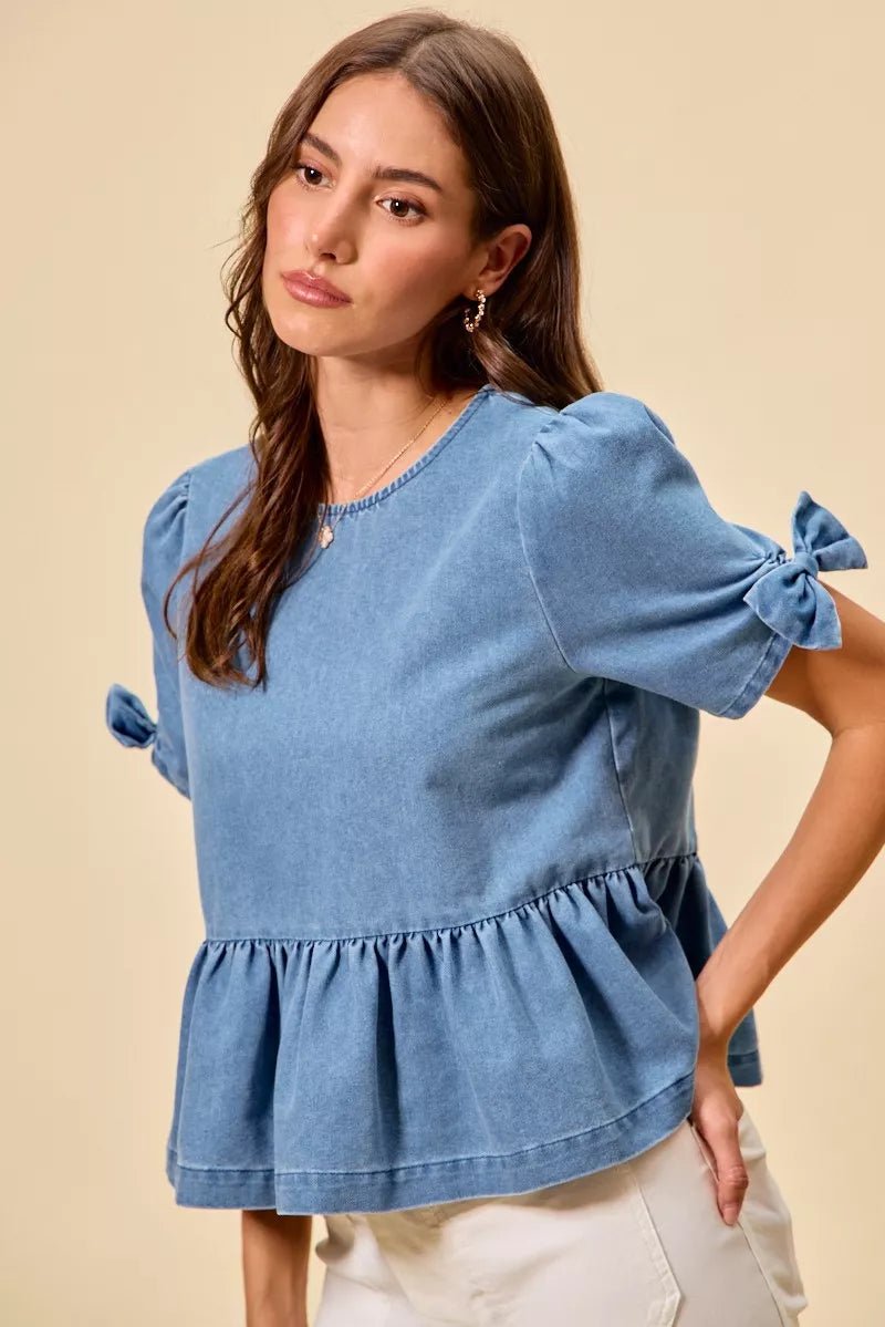 SO ME Denim Bow Detail Short Sleeves Peplum Top - 