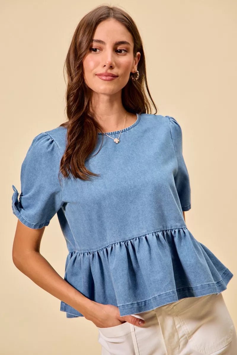 SO ME Denim Bow Detail Short Sleeves Peplum Top - 