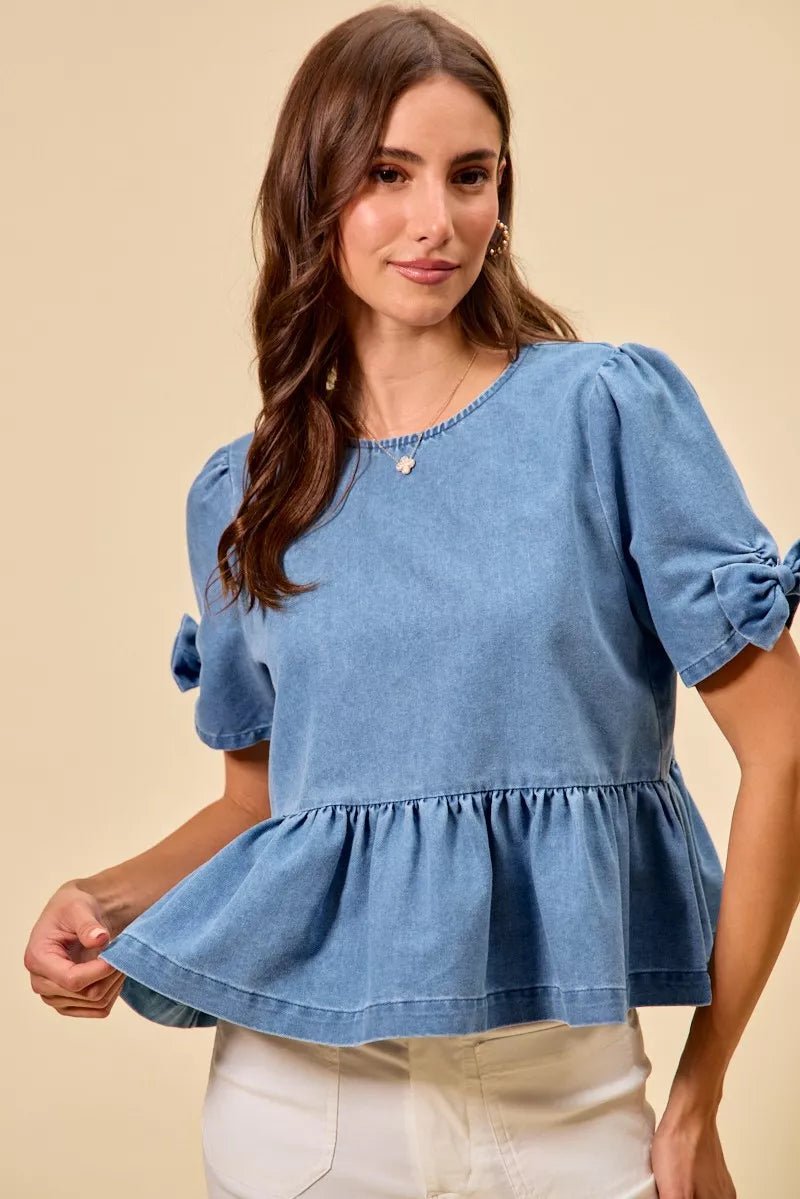 SO ME Denim Bow Detail Short Sleeves Peplum Top - 
