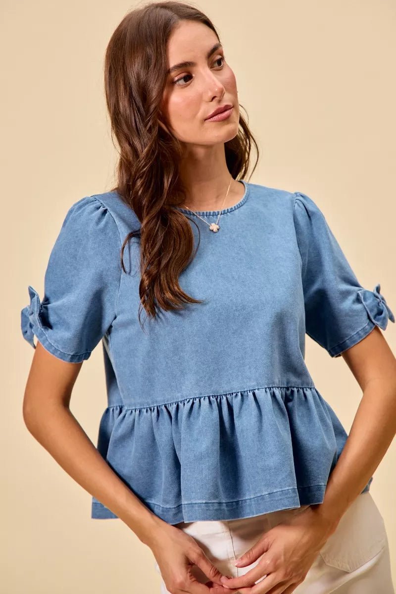 SO ME Denim Bow Detail Short Sleeves Peplum Top - 