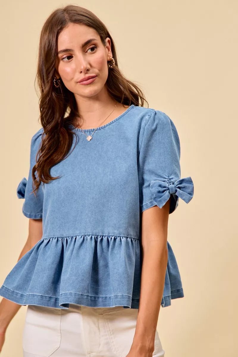 SO ME Denim Bow Detail Short Sleeves Peplum Top - 