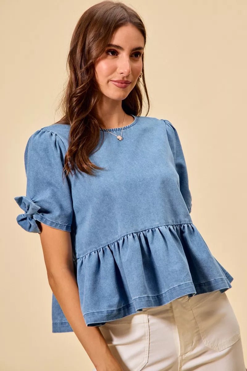 SO ME Denim Bow Detail Short Sleeves Peplum Top - 