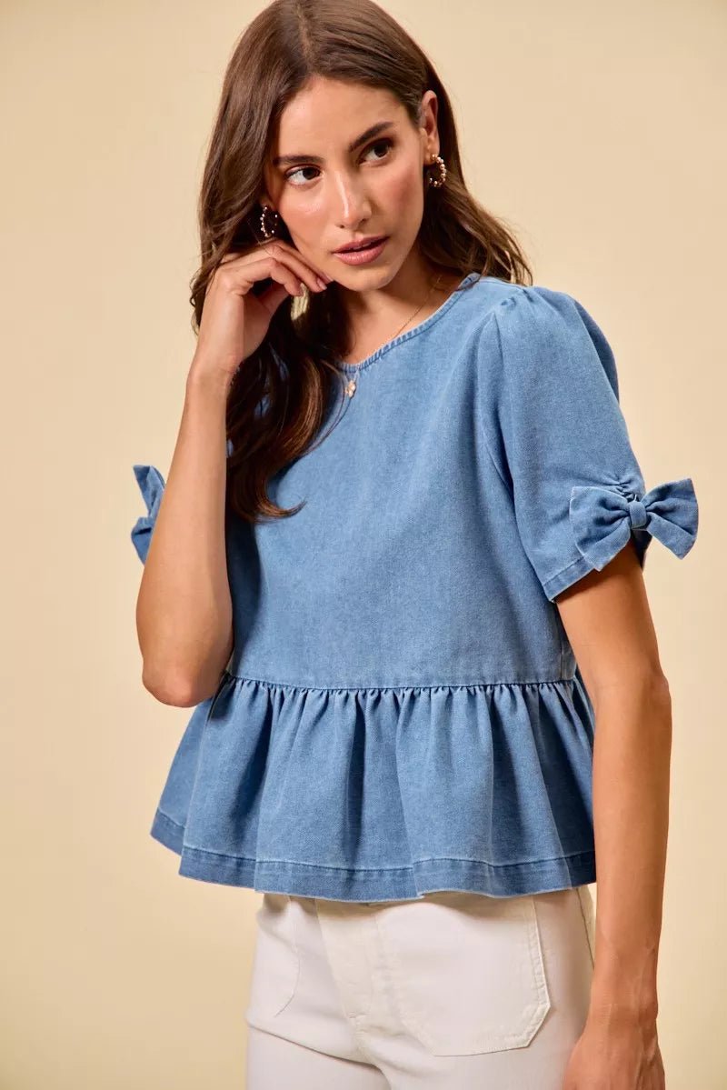 SO ME Denim Bow Detail Short Sleeves Peplum Top - 