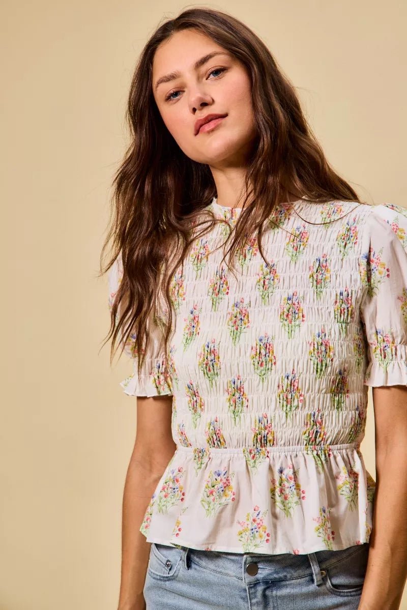 SO ME Floral Cotton Smocked Short Sleeves Blouse - 