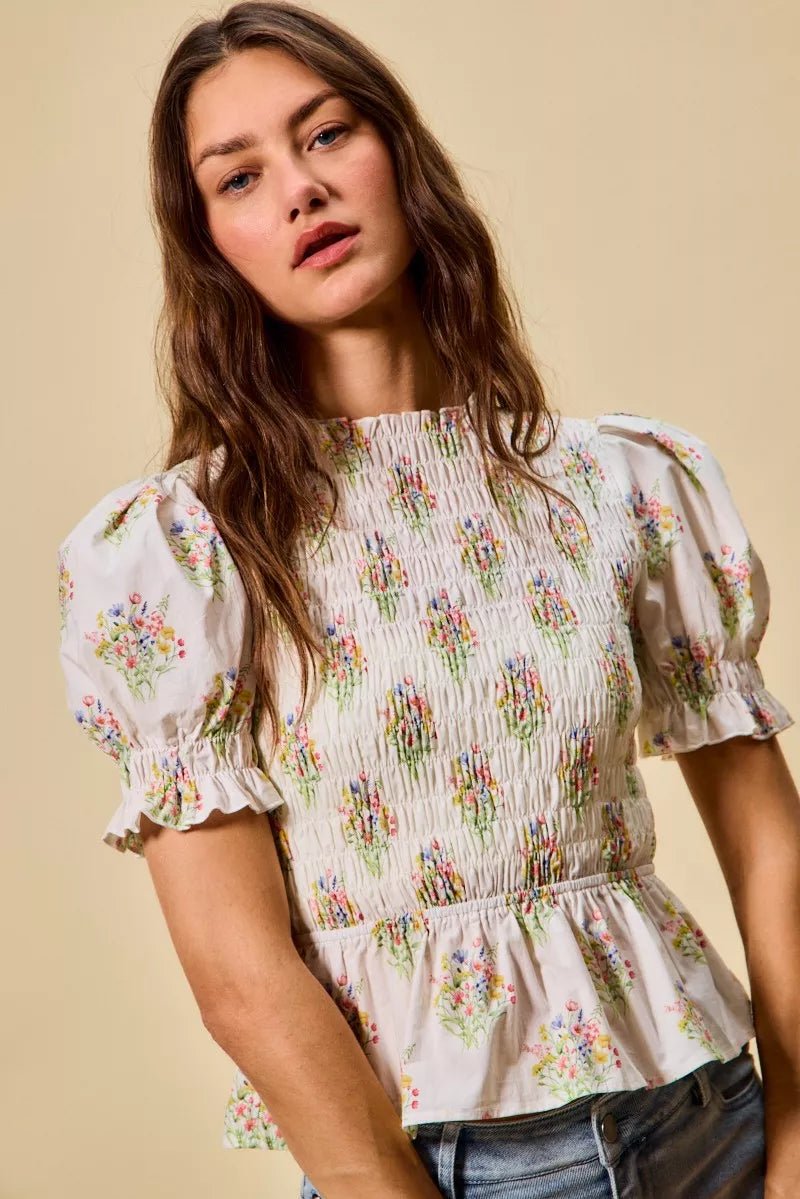 SO ME Floral Cotton Smocked Short Sleeves Blouse - 