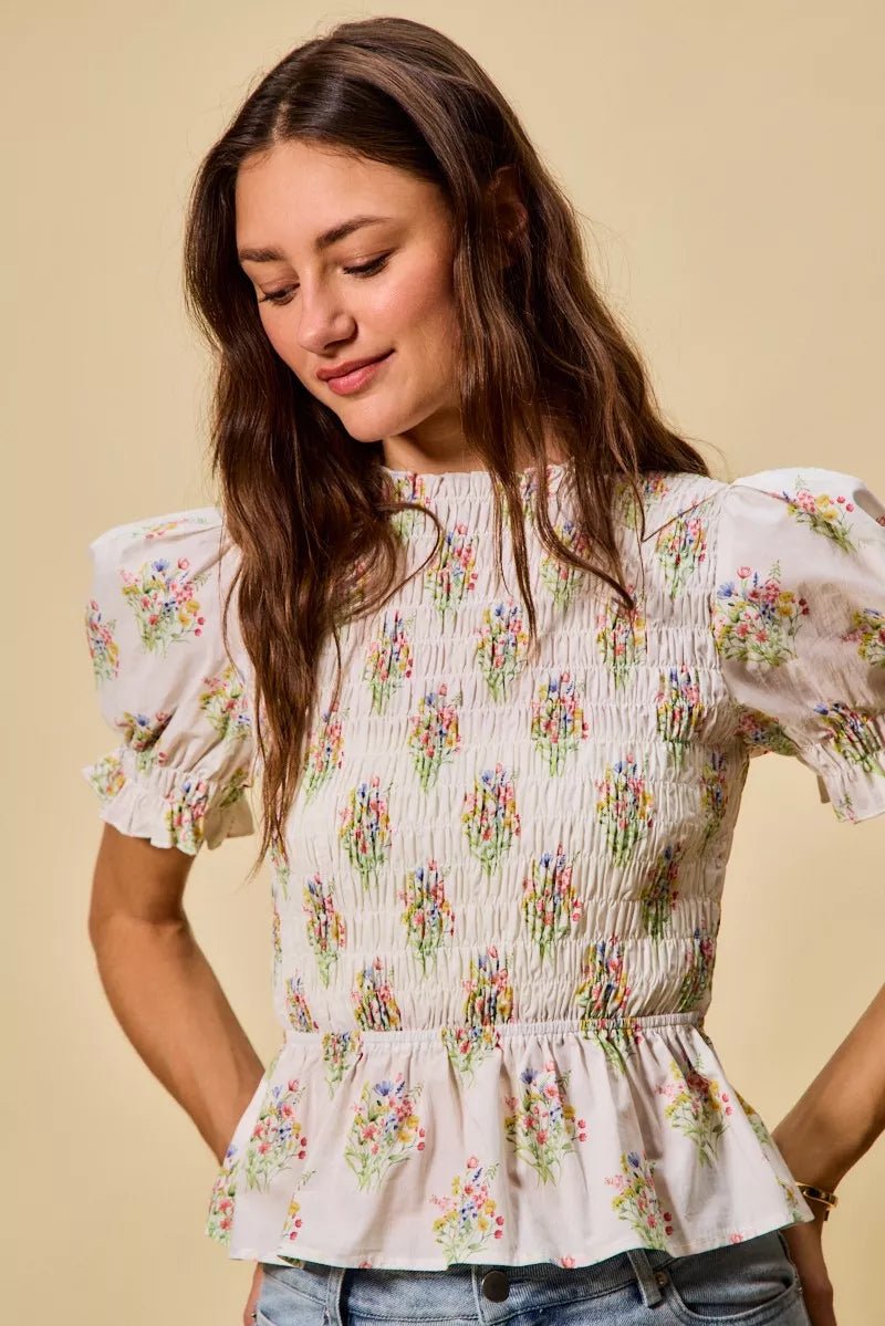 SO ME Floral Cotton Smocked Short Sleeves Blouse - 