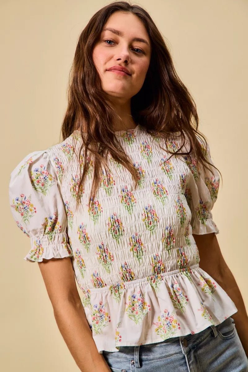 SO ME Floral Cotton Smocked Short Sleeves Blouse - 