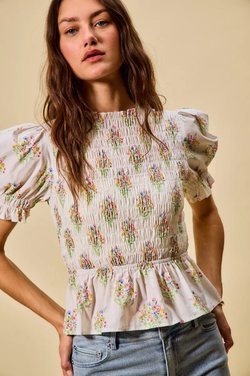 SO ME Floral Cotton Smocked Short Sleeves Blouse - 