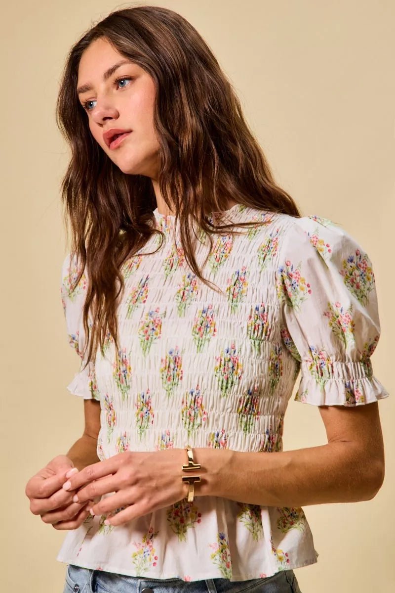 SO ME Floral Cotton Smocked Short Sleeves Blouse - 