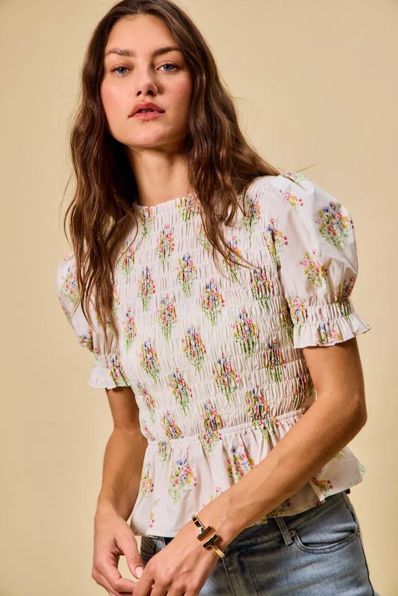 SO ME Floral Cotton Smocked Short Sleeves Blouse - 