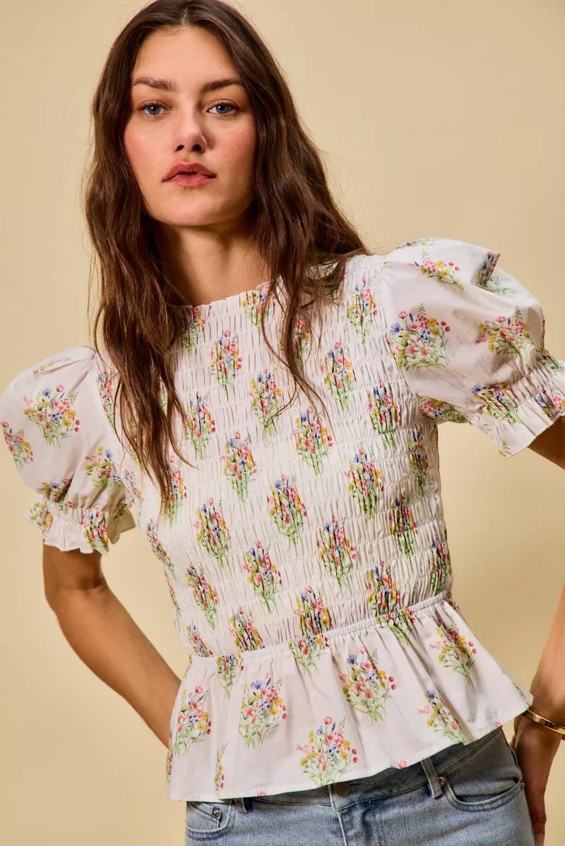 SO ME Floral Cotton Smocked Short Sleeves Blouse - 