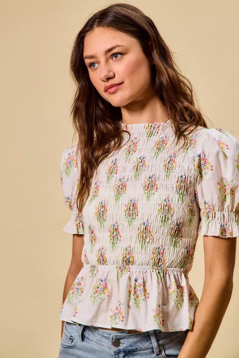 SO ME Floral Cotton Smocked Short Sleeves Blouse - 