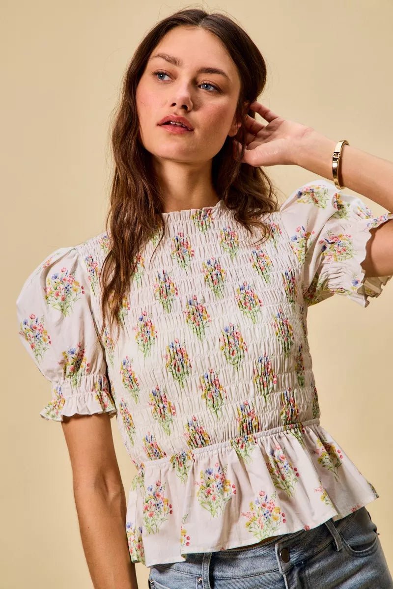 SO ME Floral Cotton Smocked Short Sleeves Blouse - 