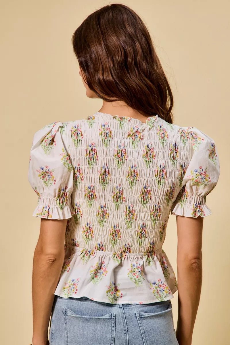 SO ME Floral Cotton Smocked Short Sleeves Blouse - 