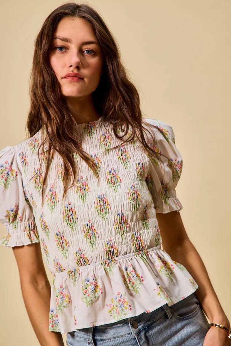SO ME Floral Cotton Smocked Short Sleeves Blouse - 