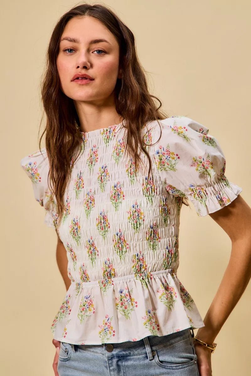 SO ME Floral Cotton Smocked Short Sleeves Blouse - 