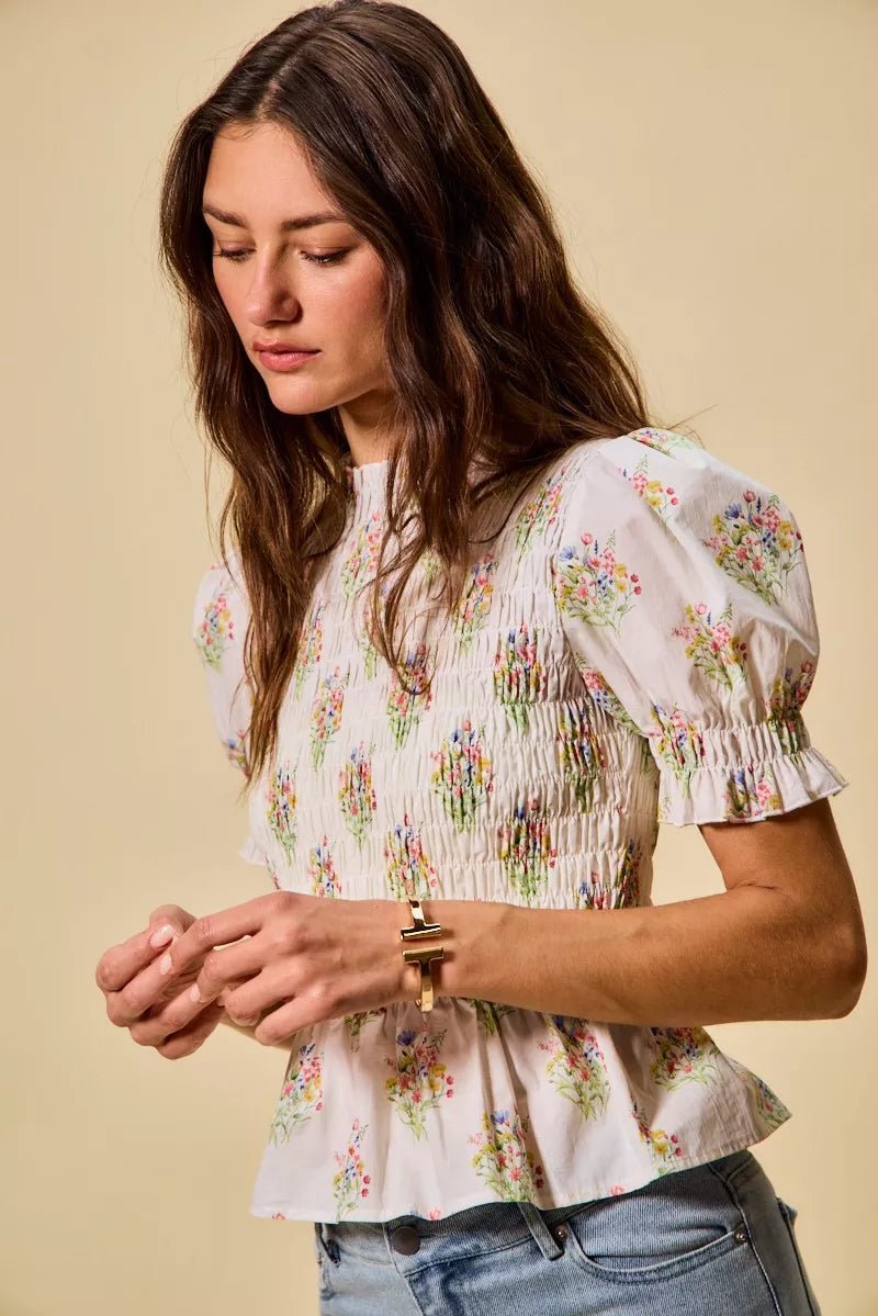 SO ME Floral Cotton Smocked Short Sleeves Blouse - 