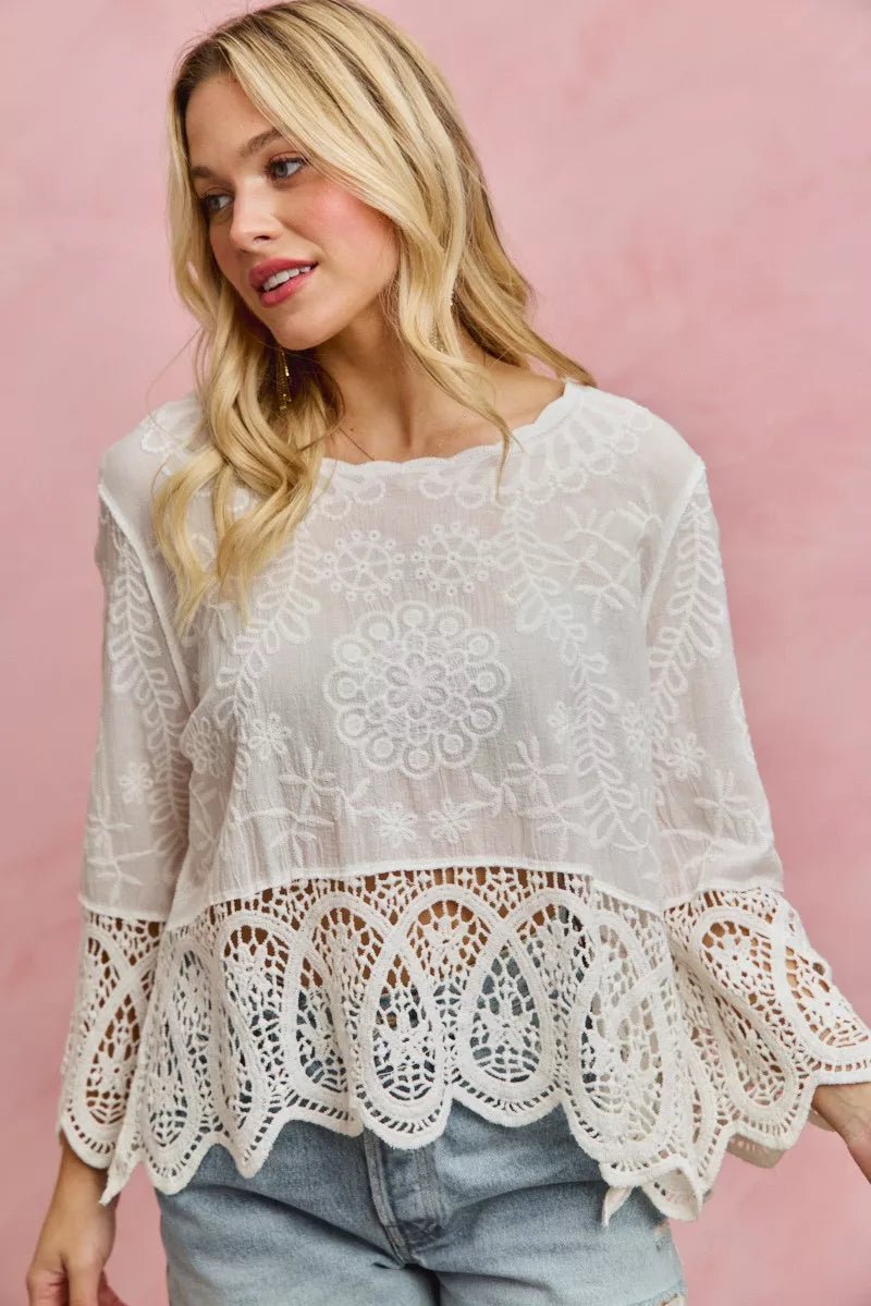 SO ME Floral Embroidered Crochet Lace Trimmed Top - 