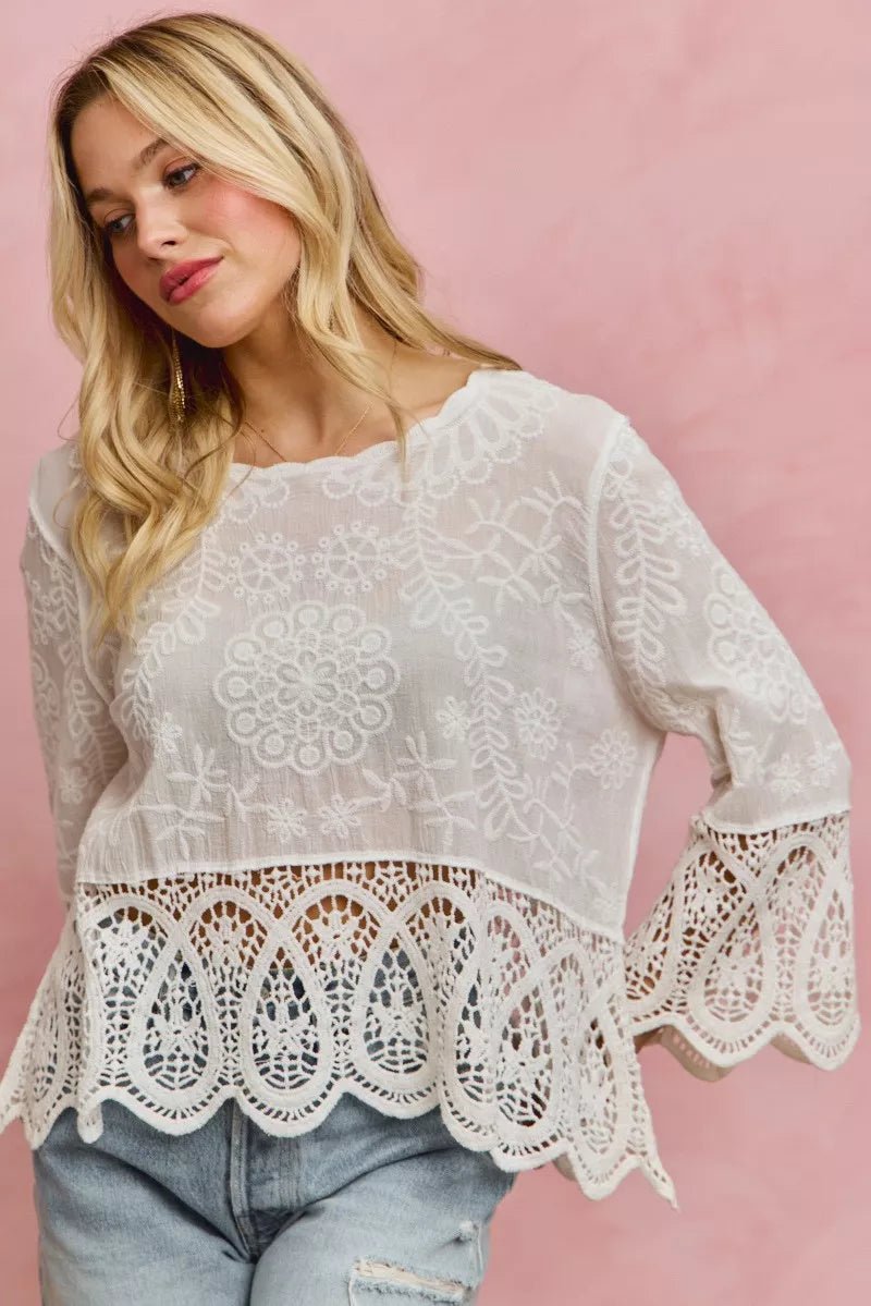 SO ME Floral Embroidered Crochet Lace Trimmed Top - 