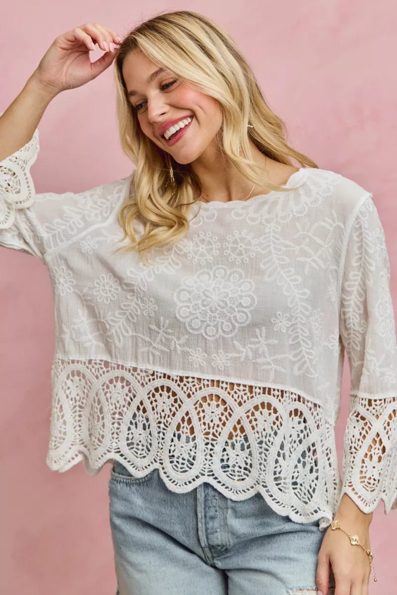 SO ME Floral Embroidered Crochet Lace Trimmed Top - 