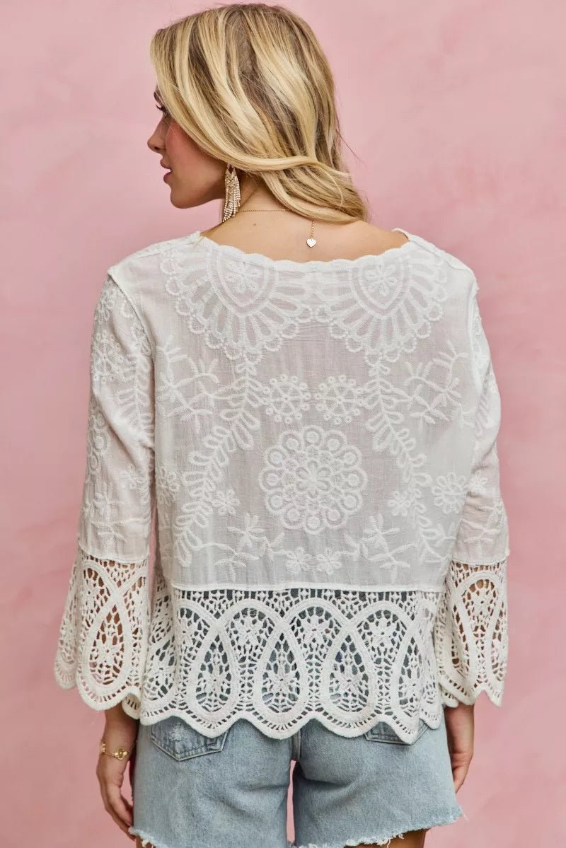 SO ME Floral Embroidered Crochet Lace Trimmed Top - 