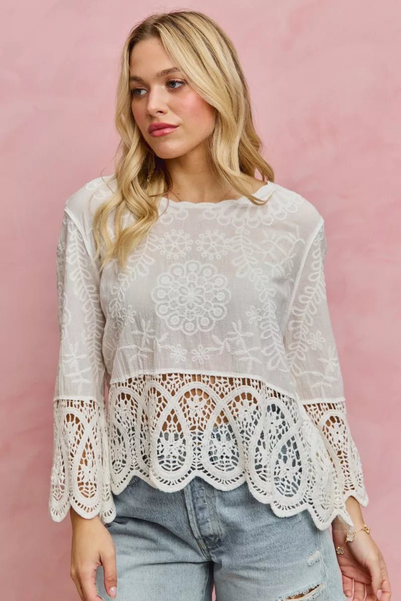 SO ME Floral Embroidered Crochet Lace Trimmed Top - 