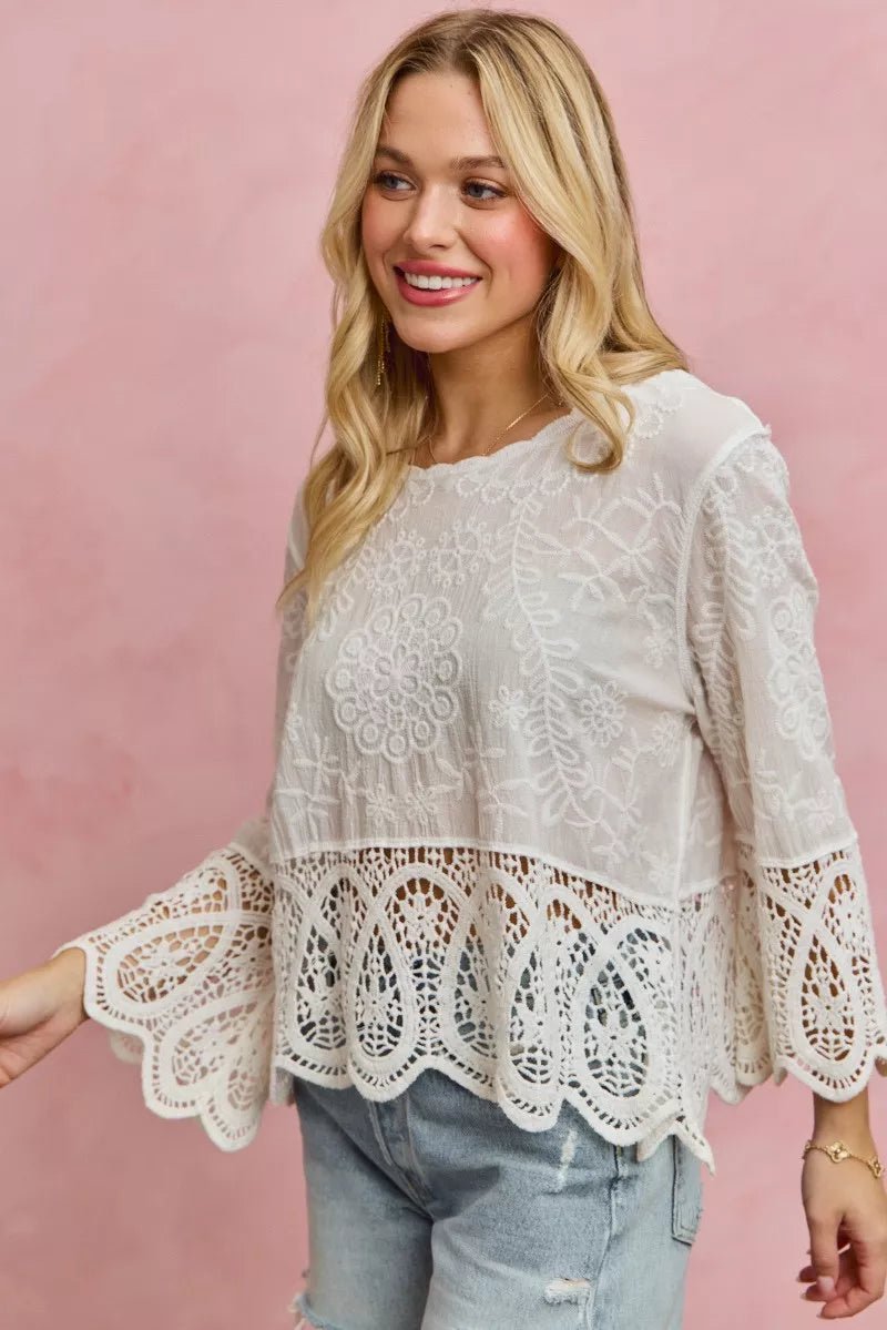 SO ME Floral Embroidered Crochet Lace Trimmed Top - 