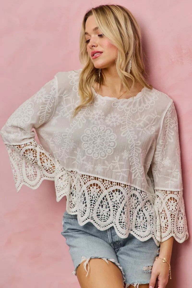 SO ME Floral Embroidered Crochet Lace Trimmed Top - 