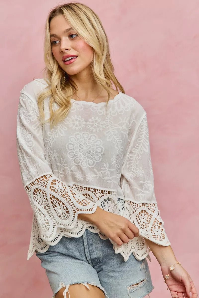 SO ME Floral Embroidered Crochet Lace Trimmed Top - 