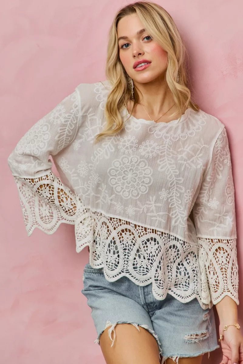SO ME Floral Embroidered Crochet Lace Trimmed Top - 
