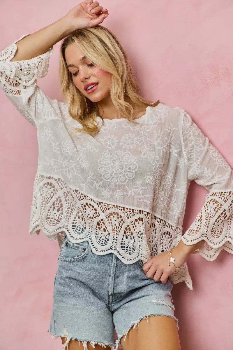 SO ME Floral Embroidered Crochet Lace Trimmed Top - 