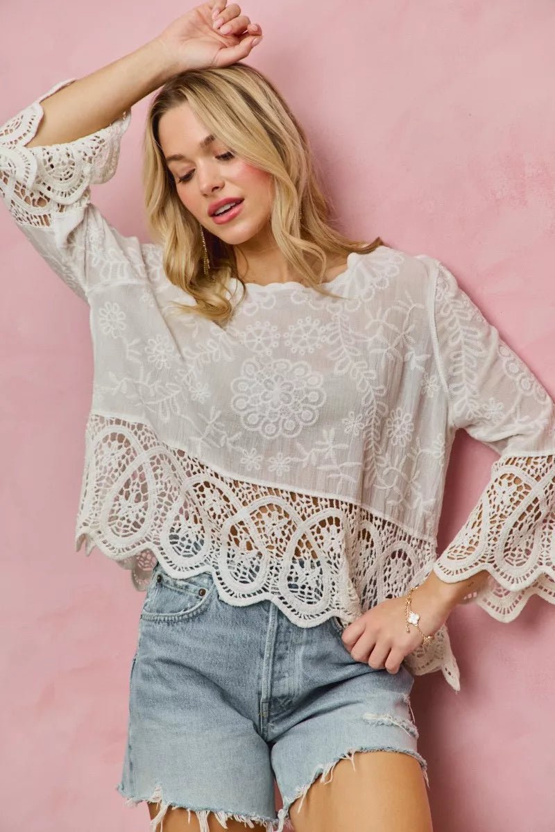 SO ME Floral Embroidered Crochet Lace Trimmed Top - 