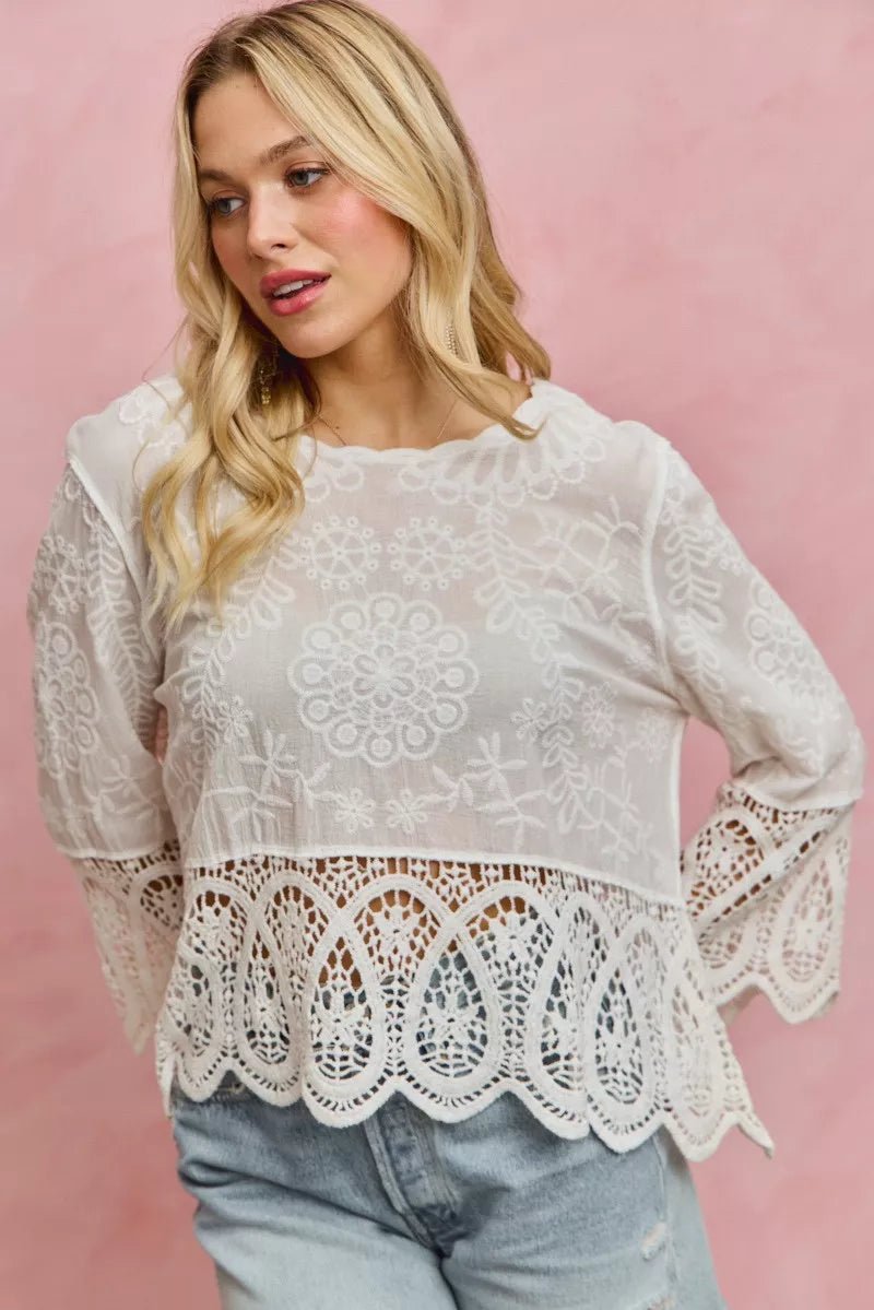SO ME Floral Embroidered Crochet Lace Trimmed Top - 
