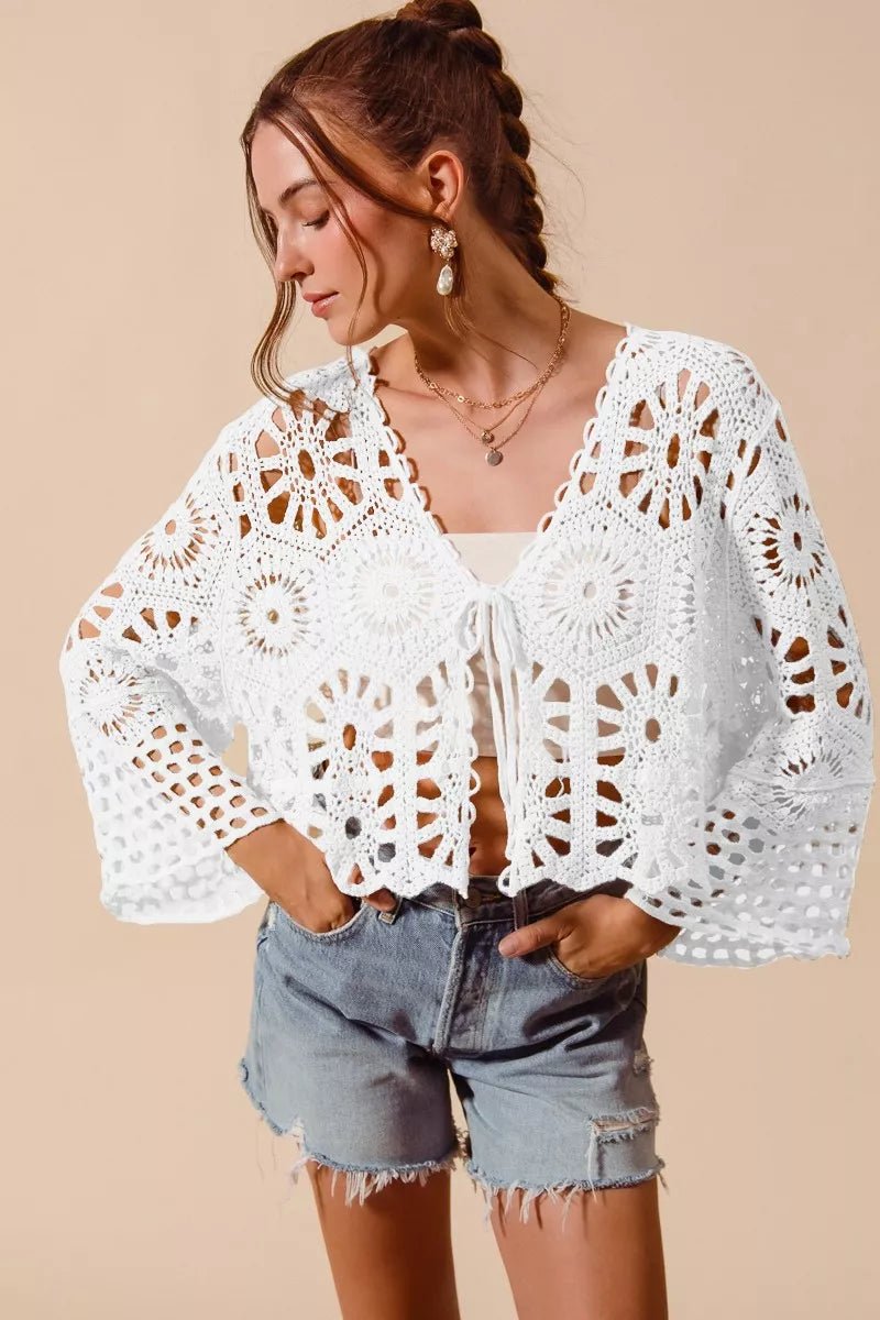 SO ME Floral Pattern Crochet Knit Tie Front Crop Cardigan - 