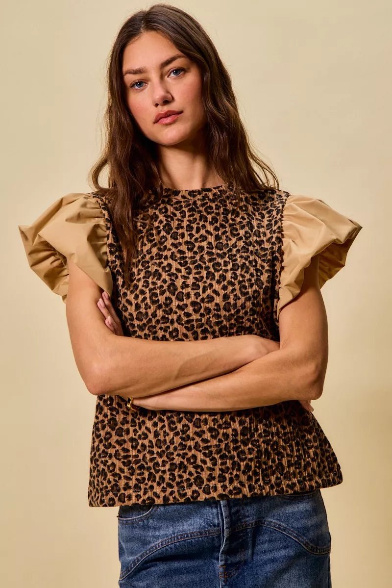 SO ME Leopard Pointelle Knit Top with Puff Sleeves - 